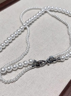 双层叠戴施家珍珠项链女8字扣毛衣链秋冬高档轻奢小众饰品可拆分