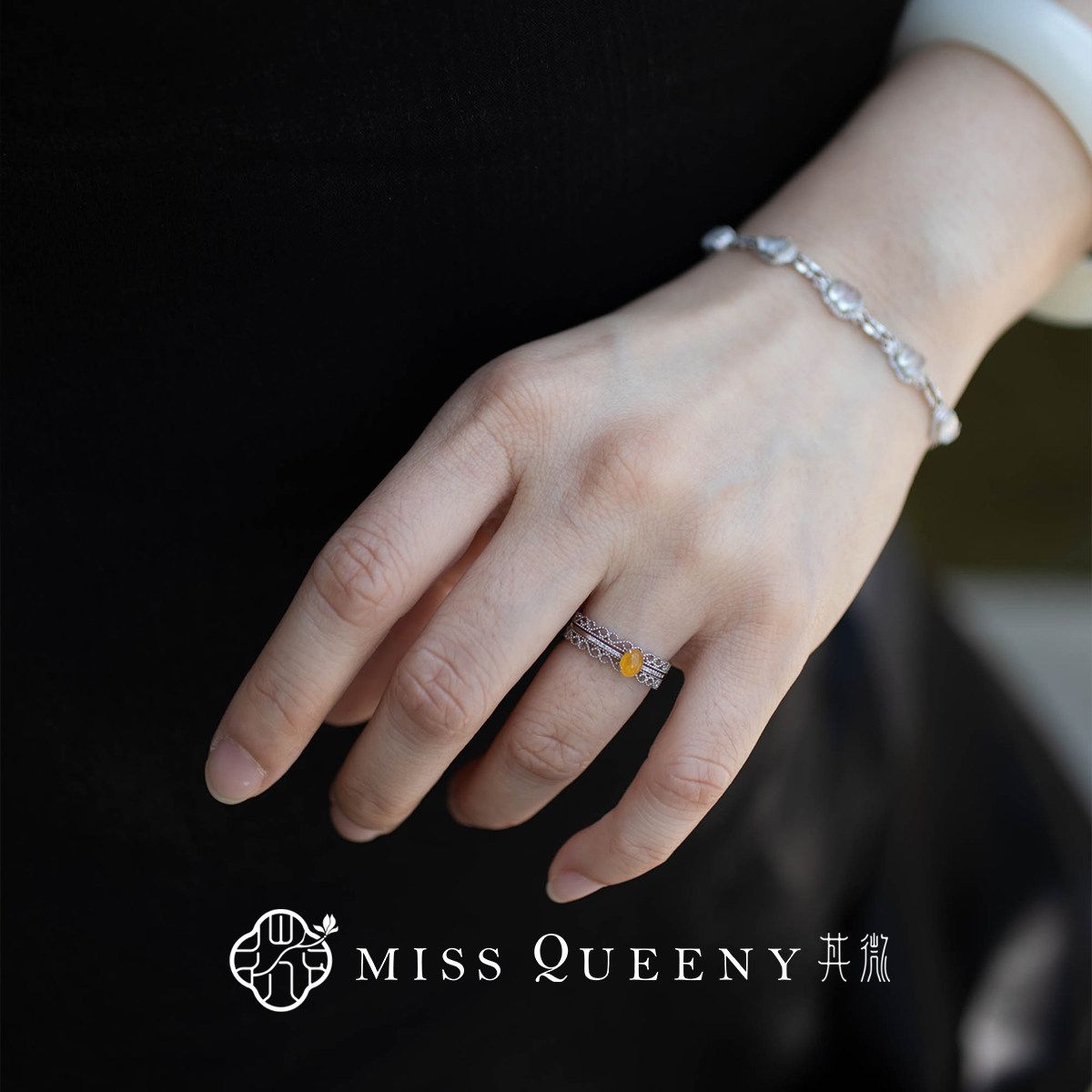MissQueeny | 18k white gold stacked jade lace ring can be detached, exquisite and versatile, light luxury niche