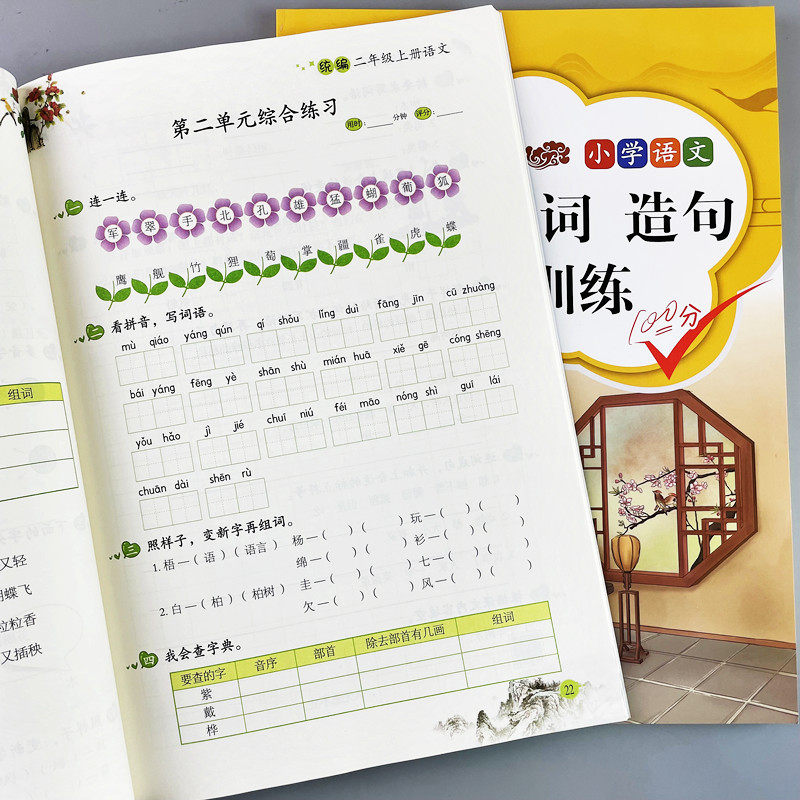 一二三年级语文生字组词造句看拼音写词语笔画笔顺选词填空同步练