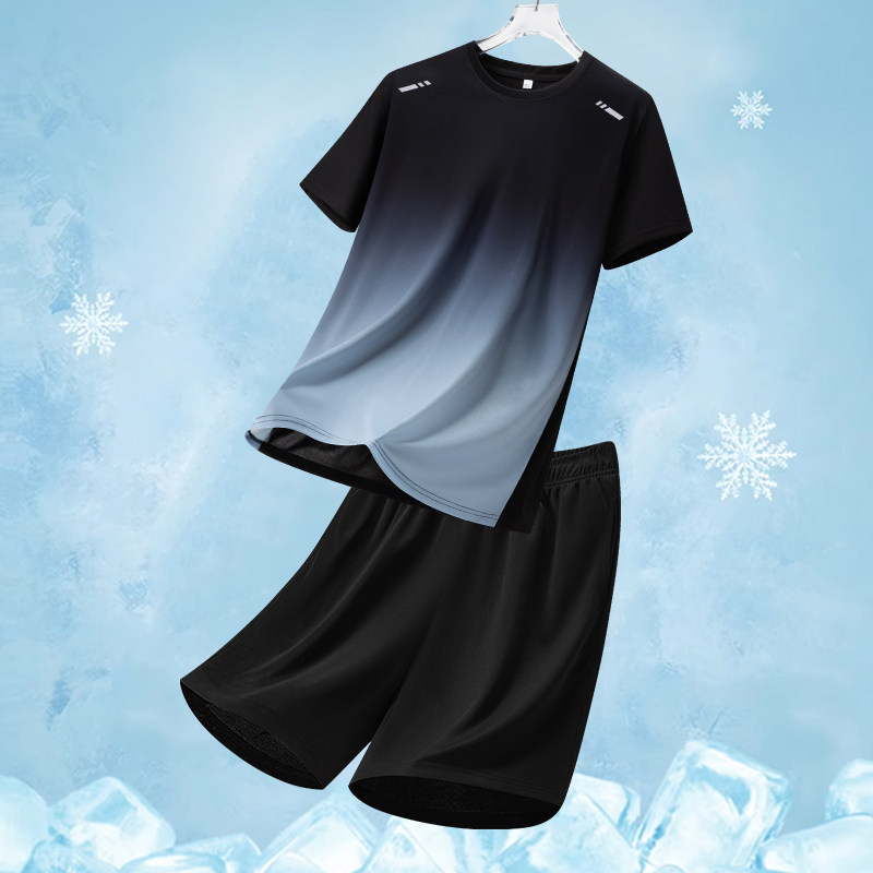 宾杰【厂家直销】新款速干渐变迷彩印花冰丝运动短袖短裤套装圆领,淘宝优惠券,粉丝福利购,淘宝优惠卷