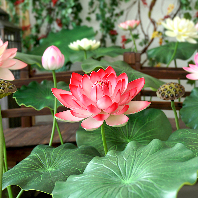 仿真荷叶荷花假荷花仿真花塑料大绿植杆水池装饰拍照演出舞蹈道具-图0