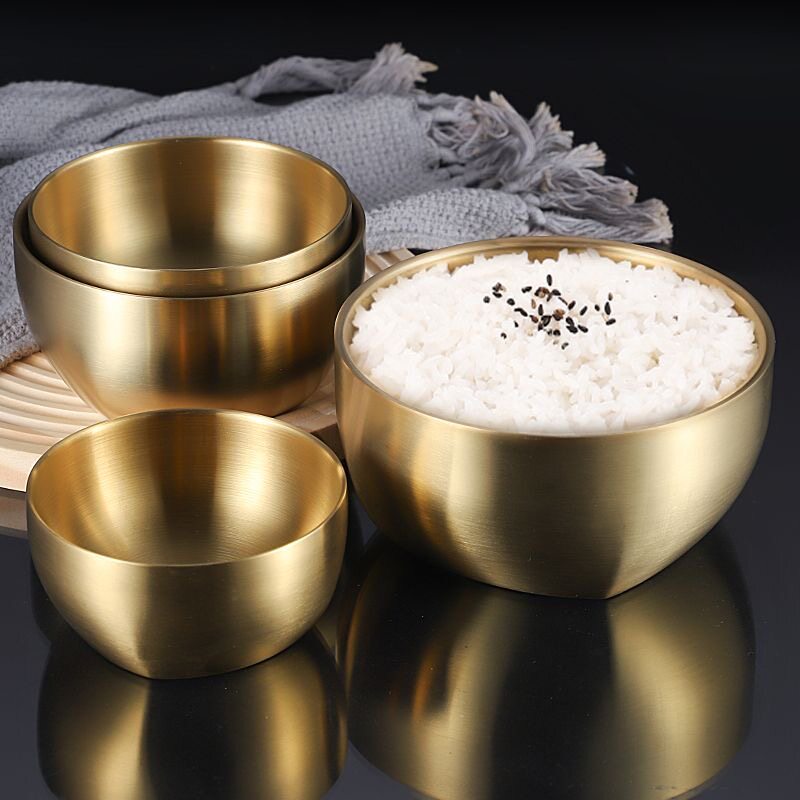 韩式304不锈钢米饭碗双层防烫汤碗儿童吃饭碗商用金色料理方圆碗