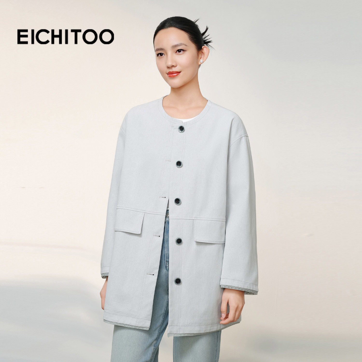 爱居兔老钱风圆领风衣外套女2026年春季新款松弛感简约显瘦上衣,淘宝优惠券,粉丝福利购,淘宝优惠卷