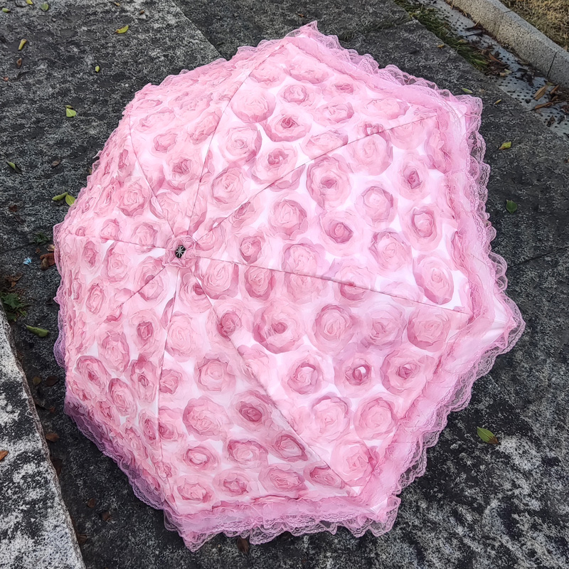 太阳伞粉色立体花朵蕾丝花边黑胶防晒防紫外线三折伞晴雨公主洋伞 - 图0