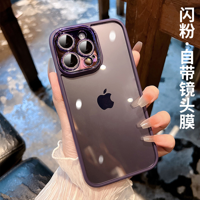 自带闪钻镜头膜适用苹果14pro手机壳新款iPhone13闪粉14高级感13pro女plus奢华12全包镜头11por防摔保护套max-图0