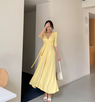 Spot ໃຫມ່ເກົາຫຼີຂອງແທ້ Dongdaemun slim slim lace-up wrap ເລິກຄໍ V ແອວສູງແອວຍາວ dress skirt