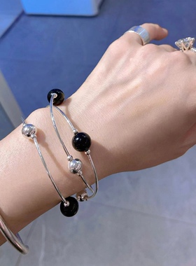 925纯银黑玛瑙手链女黑白多圈双层百搭黑曜石手串精致闺蜜礼物