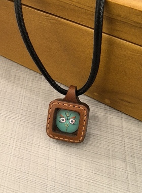 皮绳银扣六字真言五路财神西藏传手绘唐卡项链锁骨百搭男女饰品