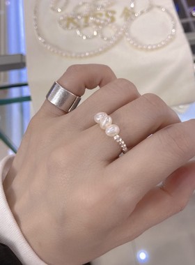 925纯银碎银的几两天然淡水珍珠手工弹力戒指中指食指大码指环