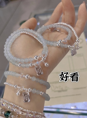 纯银珠小众设计天然玉石蓝玛瑙水晶手链女双层简约百搭闺蜜礼物