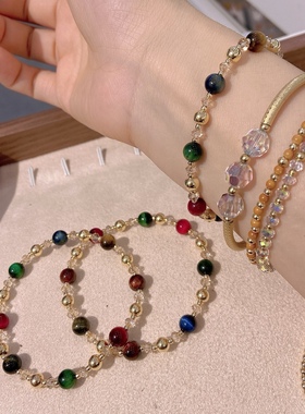 K金珠天然虎眼石手串网红手链金色首饰多彩时尚百搭水晶女款