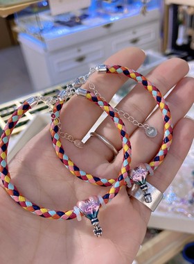 纯银热气球五彩皮绳手链简约新款手绳闺蜜礼物