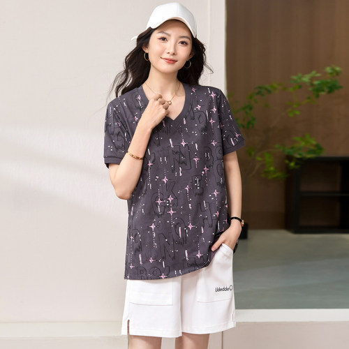 特大码女装夏装200斤胖妹妹时尚休闲上衣胖mm遮肉显瘦短袖T恤衫 - 图0