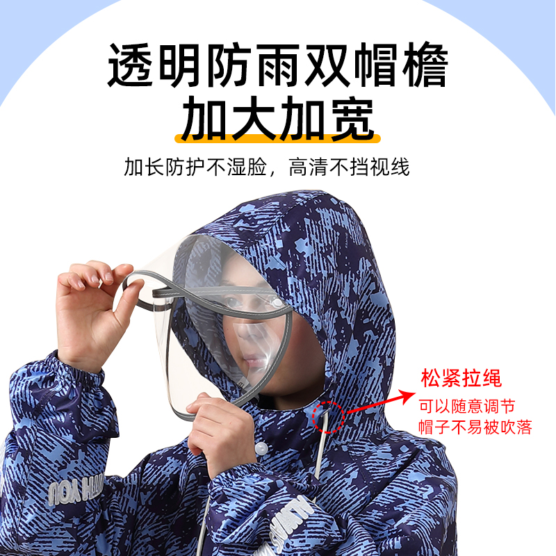 新款儿童迷彩雨衣带书包位双帽檐初高中小学生骑行雨披轻薄透气 - 图2