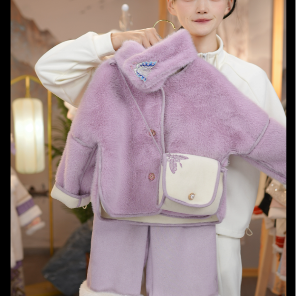 紫蝶女童冬新中式两面穿绣花毛毛外套阔腿裤套装儿童加绒加厚汉服,淘宝优惠券,粉丝福利购,淘宝优惠卷