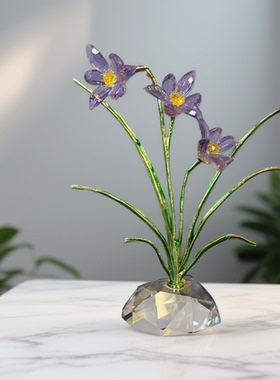 水晶手工兰花摆件桌面装饰永生花紫色花束家居