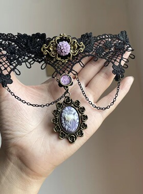 曼陀罗暗黑风黑色蕾丝紫色花朵项链蒸汽朋克哥特亚文化小众choker