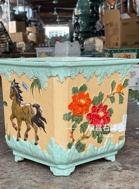 石湾盆陶艺花盆凤凰贴花手工陶瓷四方形盆景绿植盆景三角梅精品盆