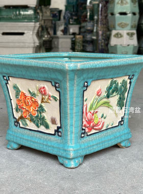 石湾花盆纯手工制作四面贴花四方兰花盆