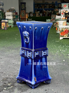 石湾盆六角收腰兰花盆四方鼓丁兽头冰裂釉盆景盆高款
