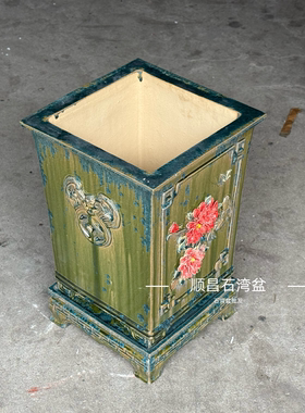 岭南石湾盆陶艺花盆四方带座高四方悬崖两面贴花漂枝盆景盆