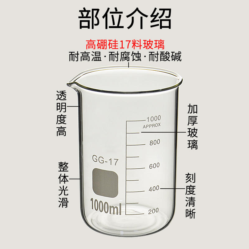 玻璃烧杯5 10 25 50 100 150 200 250 500 1000ml加厚耐高温高硼硅17料化学实验室器材带刻度实验室烧杯量杯 - 图0