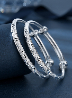 宝宝银手镯银光面推拉实心婴儿童脚镯满月周岁礼大人镯子