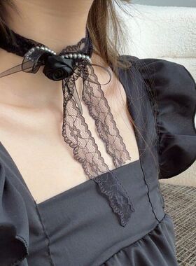 甜酷风性感黑色蕾丝长款布艺项链