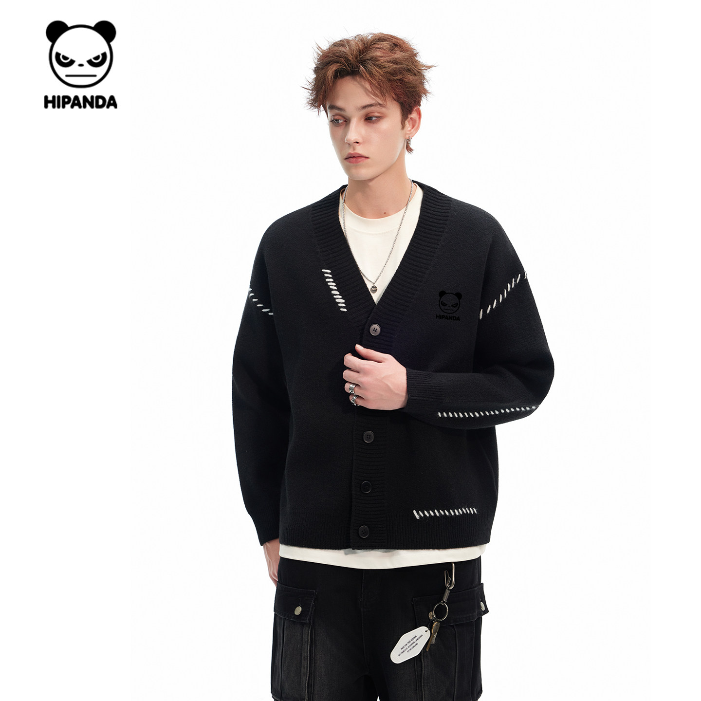 Hipanda你好熊猫时髦复古撞色拼接日系针织衫男2025冬季新款毛衣C,淘宝优惠券,粉丝福利购,淘宝优惠卷