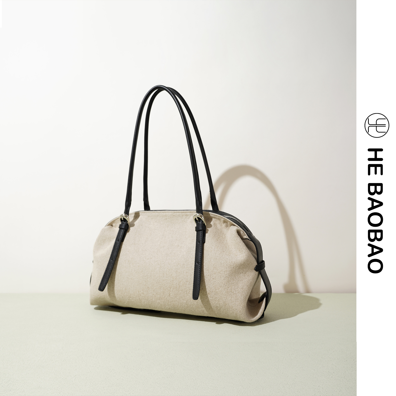 HE BAOBAO新品牛皮拼亚麻布托特包斜挎枕头女包大容量通勤单肩包,淘宝优惠券,粉丝福利购,淘宝优惠卷