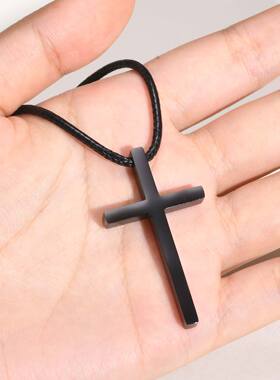 全饰爱简约黑色十字架蜡绳项链