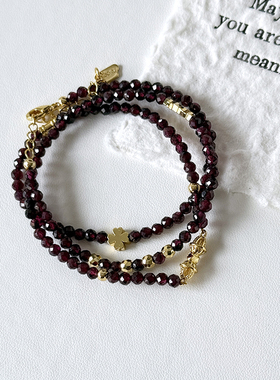 天然紫牙乌石榴手串女款三圈真品红原石水晶珠子串珠女手链SJ016