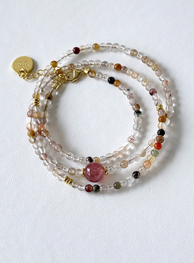 天然彩发晶三圈手链草莓晶女款手串diy鸽血红白水体水晶桃花SJ014