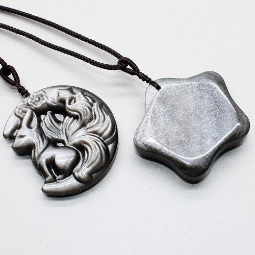 如鸿天然黑曜石原石吊坠九尾狐水晶狐狸星星月亮形男女款饰品挂件 - 图1