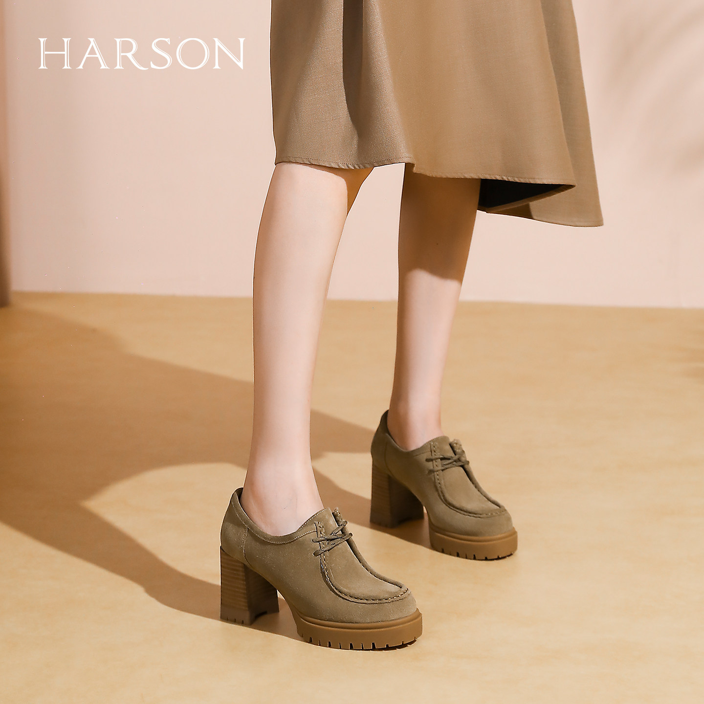 哈森复古休闲工装鞋女2025秋季新款系带高跟圆头单鞋HL257151,淘宝优惠券,粉丝福利购,淘宝优惠卷