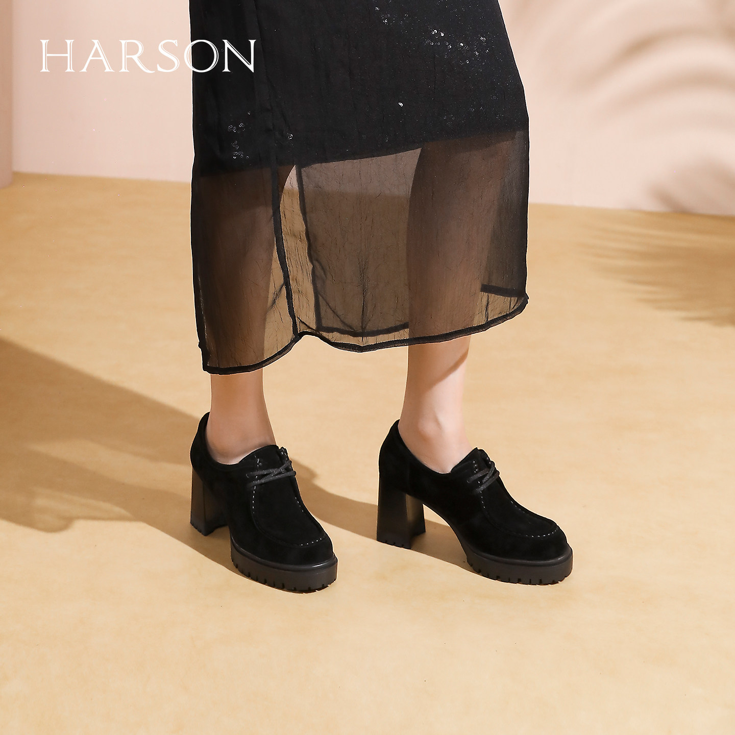 哈森复古休闲工装鞋女2025秋季新款系带高跟圆头单鞋HL257151,淘宝优惠券,粉丝福利购,淘宝优惠卷