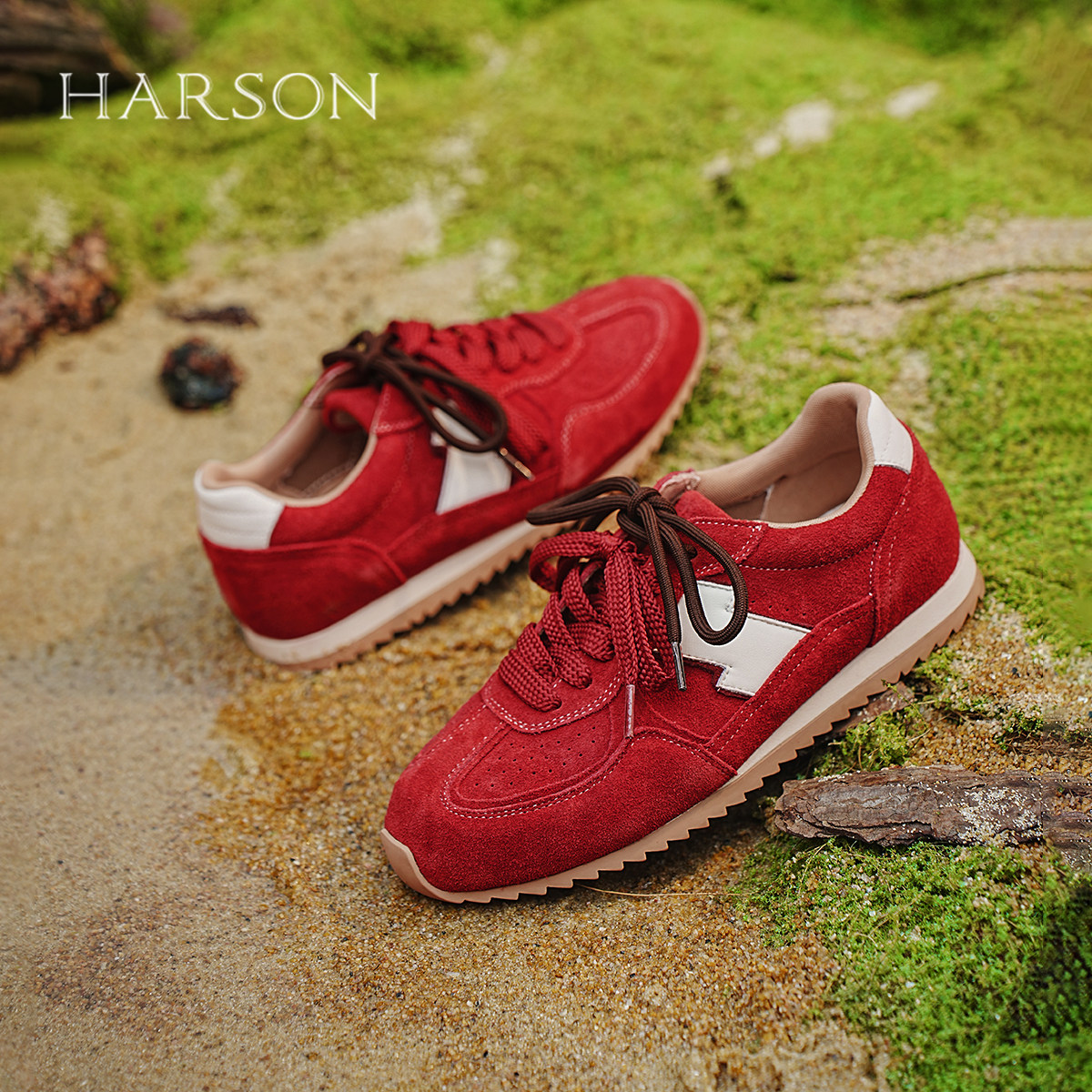 哈森红色德训鞋女款2025新款夏季平底蝴蝶结薄款复古休闲运动女鞋,淘宝优惠券,粉丝福利购,淘宝优惠卷