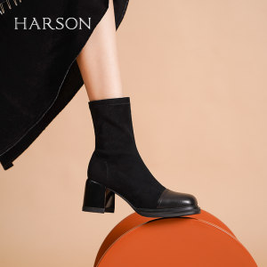 哈森新款时尚通勤粗高跟弹力瘦瘦靴女士短靴加绒 HWA220108