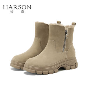 哈森雪地靴女款2024新款冬季保暖短靴休闲加绒加厚棉鞋HFC240168