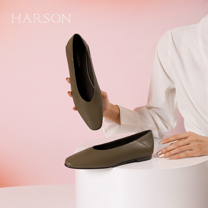 哈森法式气质软面羊皮奶奶鞋女2024春秋新款纯色平底单鞋HS246605