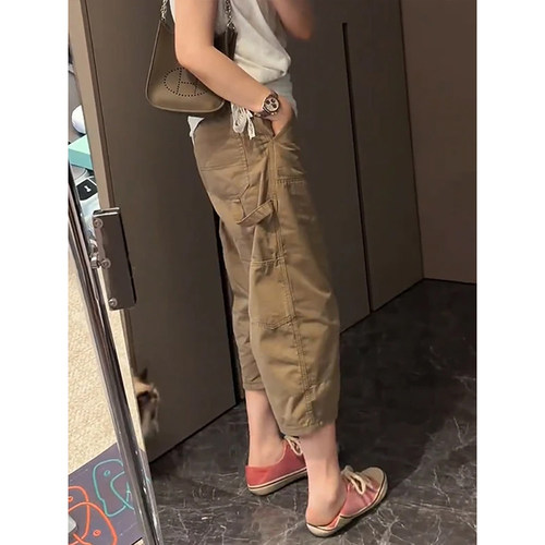 复古美式窄版工装裤女夏季爆款通勤百搭时尚休闲裤显瘦修身七分裤 - 图1