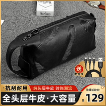 Real leather handbag mens large capacity mens bag casual soft clip bag business hand grab bag upscale hand grip bag 2023 new wave