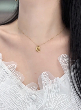 旭平福字隔珠项链女复古新中式气质仿黄金色福牌锁骨链新年礼物