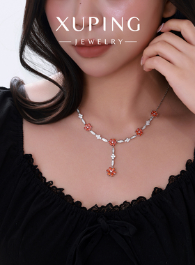 旭平紫荆花花Y型彩色项链时尚花卉轻奢微镶人造石重工流苏锁骨链