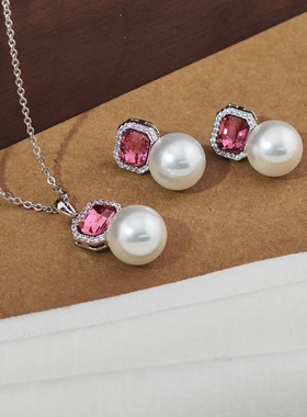 旭平方形经典仿水晶套装法式优雅仿珍珠轻奢感两件套