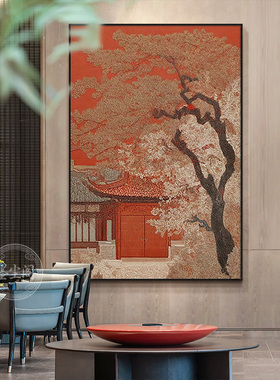 新中式客厅装饰画入户玄关背景墙禅意红色风景挂画酒店软装高档画