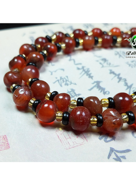 lssp/绿色石品wp1331 不还价 清代圆珠红色老玛瑙塔状锁骨项链