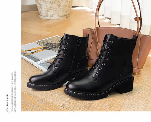奥康女鞋断码清仓秋冬季时尚系带马丁靴牛皮女短靴黑色女靴 - 图1