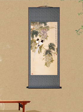 喜鹊丝绸画葡萄花鸟挂画吉祥如意