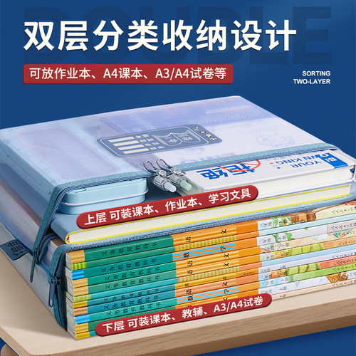 科目袋A4床层大容量文件袋拉链式小学生书本课本作业本手提袋试卷收纳袋学生装卷子资料袋作业透明网纱袋子 - 图0